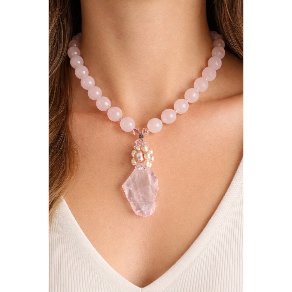 Rutilated Quartz Pendant Necklace with Pink Quartz Pearl Feminine Romantic